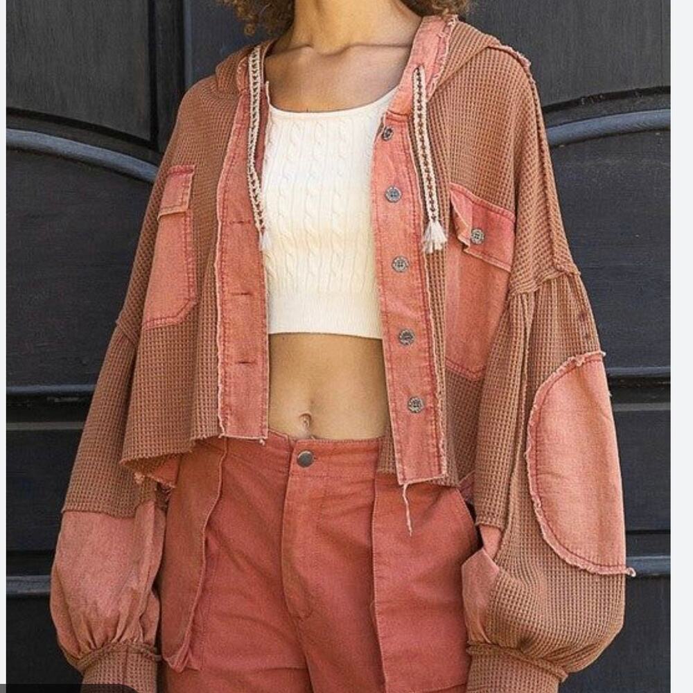 Pol Autumn Sweetheart Patchwork Waffle Knit Hooded Button Front Shirt Medium